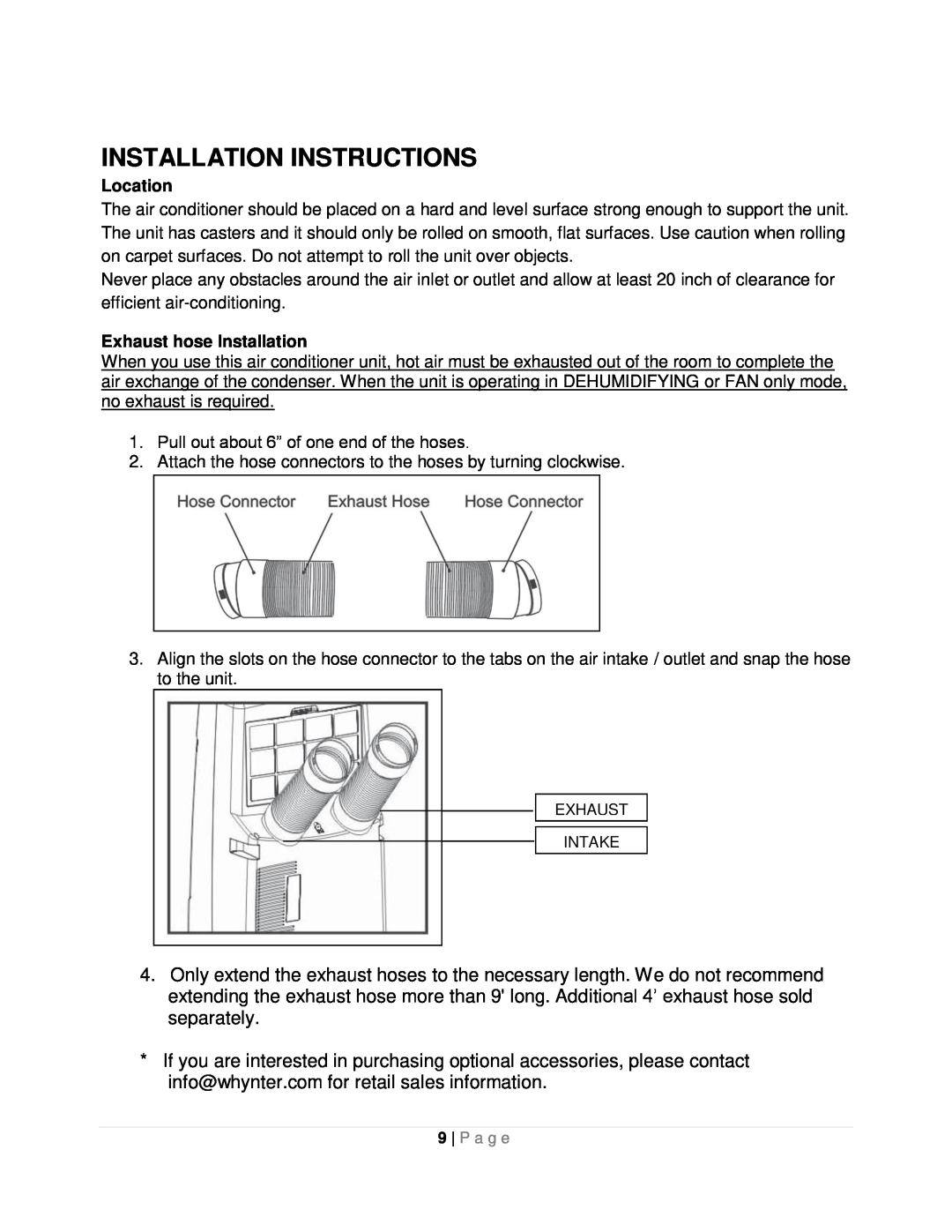Whynter ARC-12SDH instruction manual Installation Instructions, Location, Exhaust hose Installation 