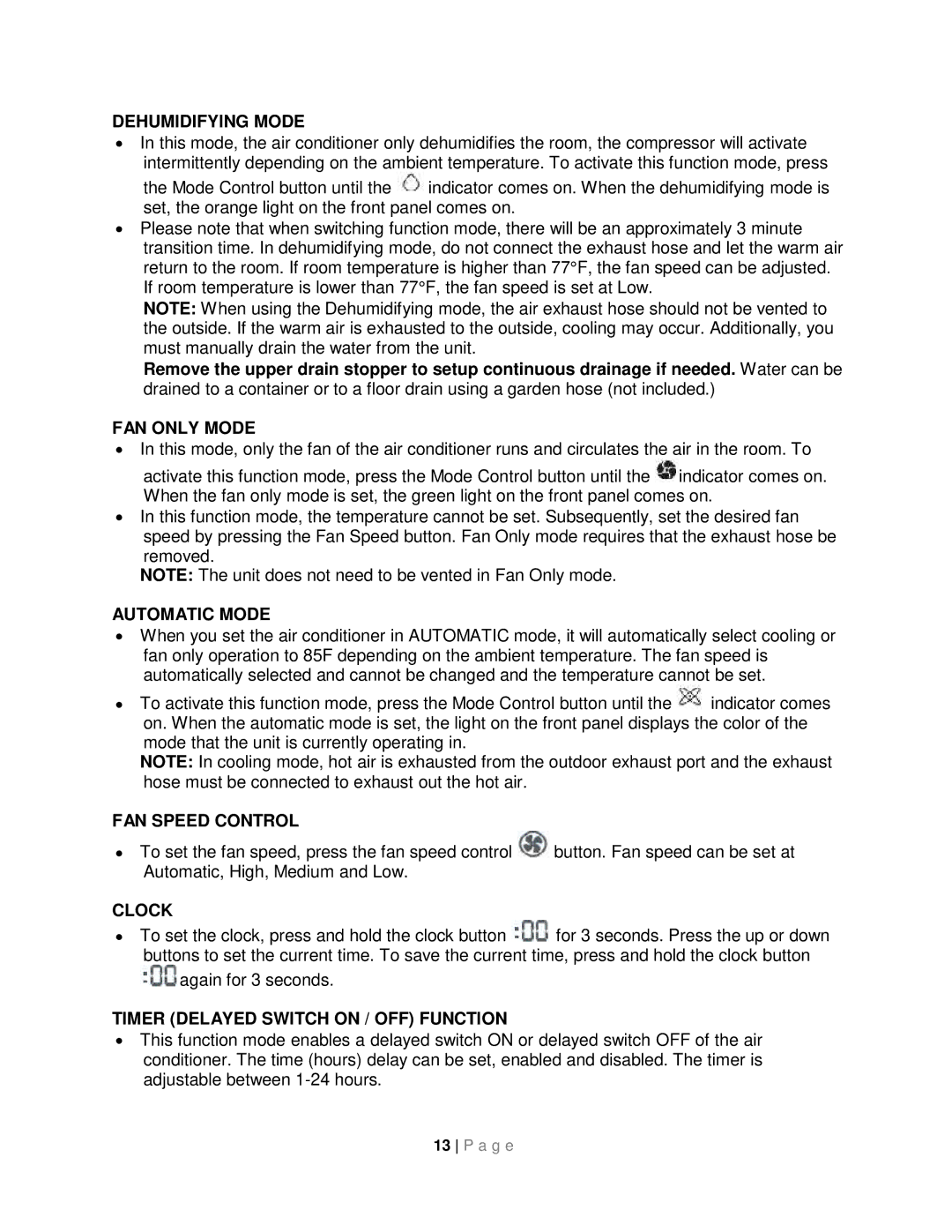 Whynter ARC-131GD instruction manual Dehumidifying Mode, FAN only Mode, Automatic Mode, FAN Speed Control, Clock 