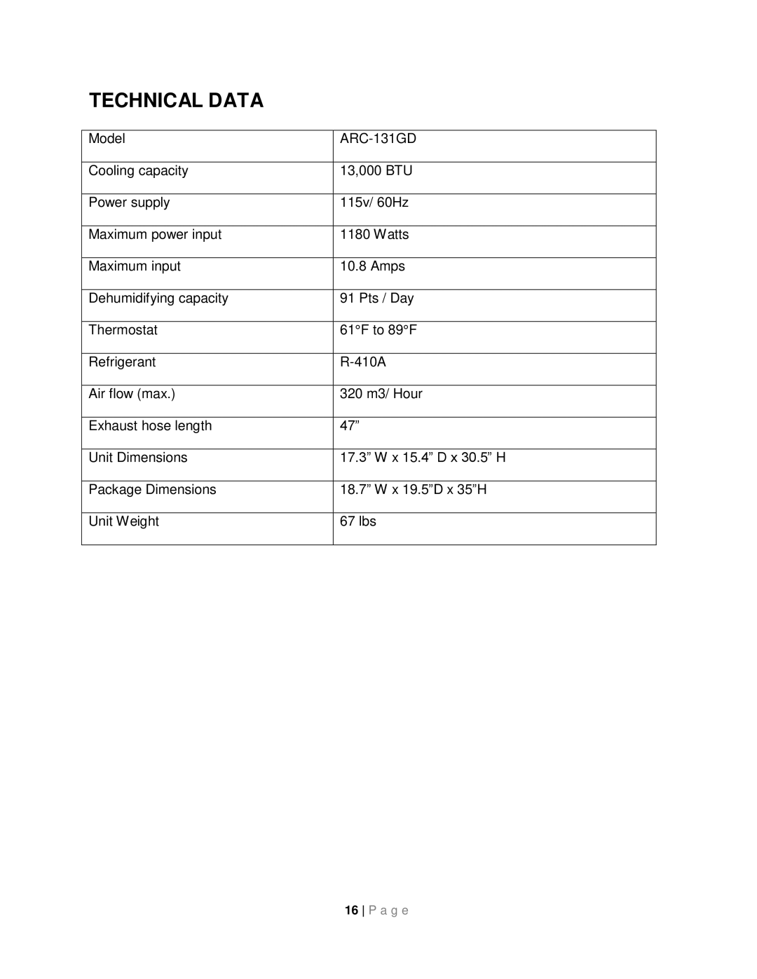 Whynter ARC-131GD instruction manual Technical Data 