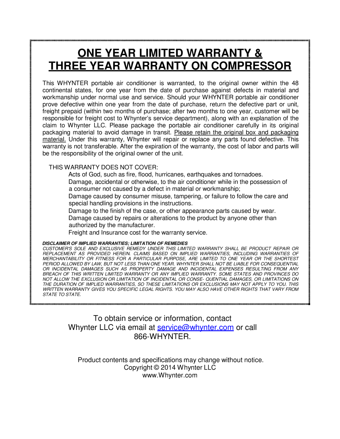 Whynter ARC-131GD instruction manual ONE Year Limited Warranty Three Year Warranty on Compressor 