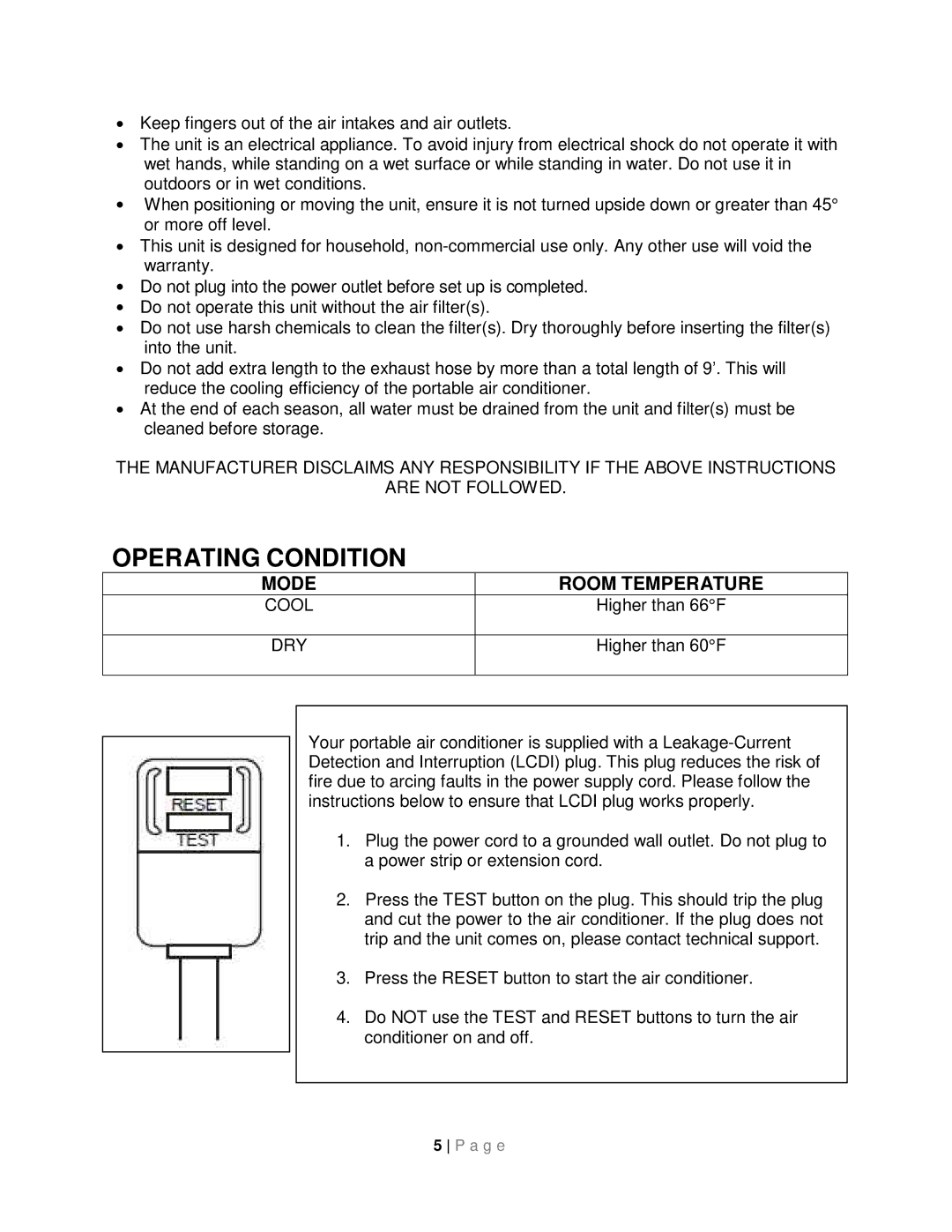 Whynter ARC-131GD instruction manual Operating Condition, Mode Room Temperature 