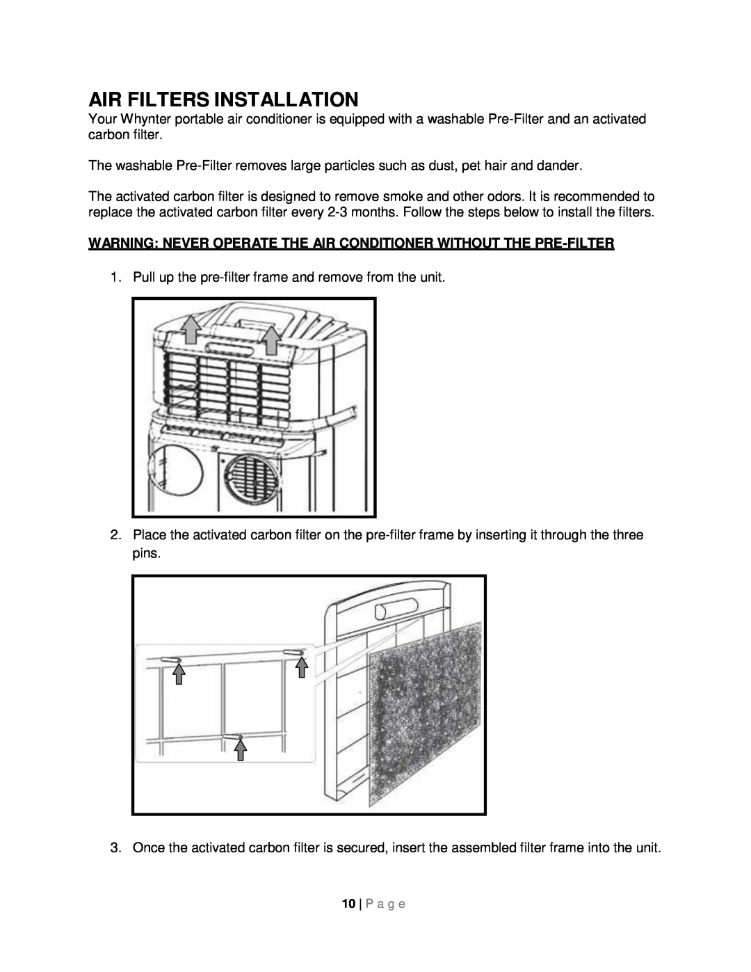 Whynter ARC-131GD instruction manual Air Filters Installation, P a g e 