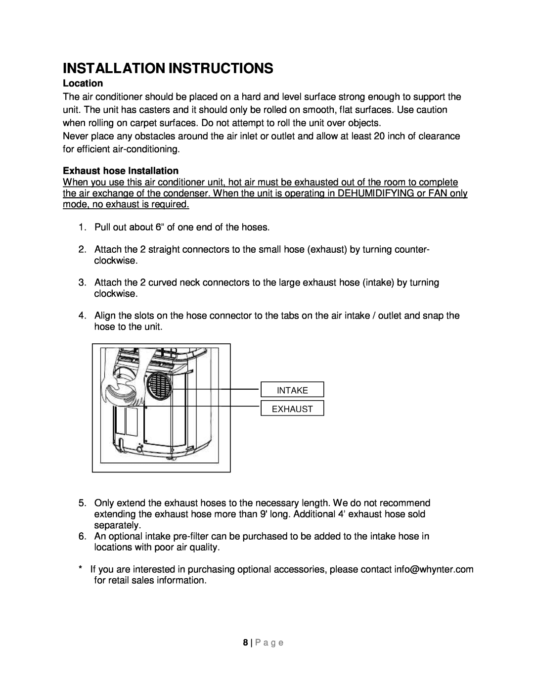 Whynter ARC-131GD instruction manual Installation Instructions, Location, Exhaust hose Installation 