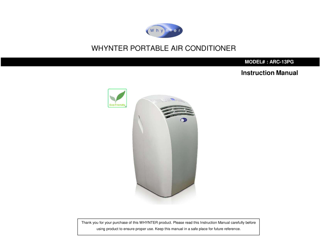 Whynter ARC-13PG instruction manual Whynter Portable AIR Conditioner 