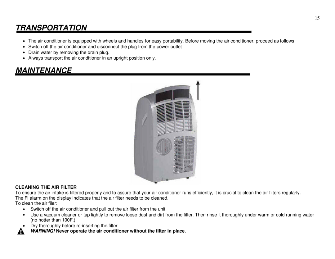 Whynter ARC-13PG instruction manual Transportation, Maintenance, Cleaning the AIR Filter 