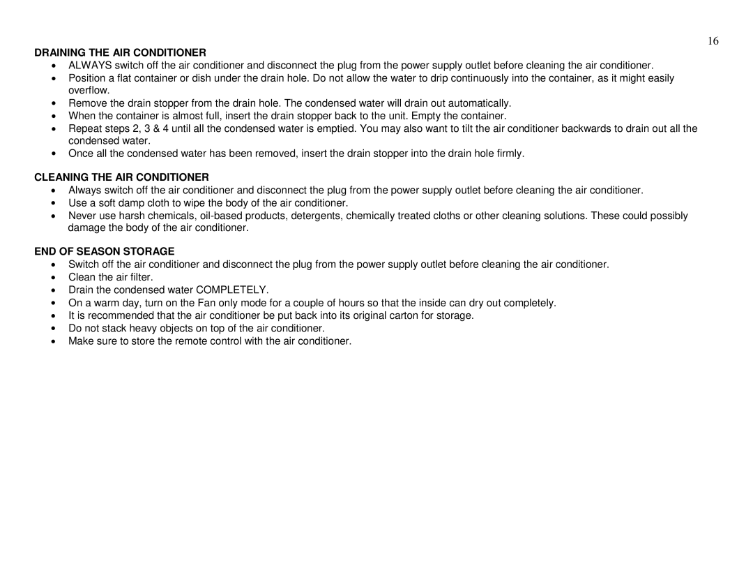 Whynter ARC-13PG instruction manual Draining the AIR Conditioner, Cleaning the AIR Conditioner, END of Season Storage 