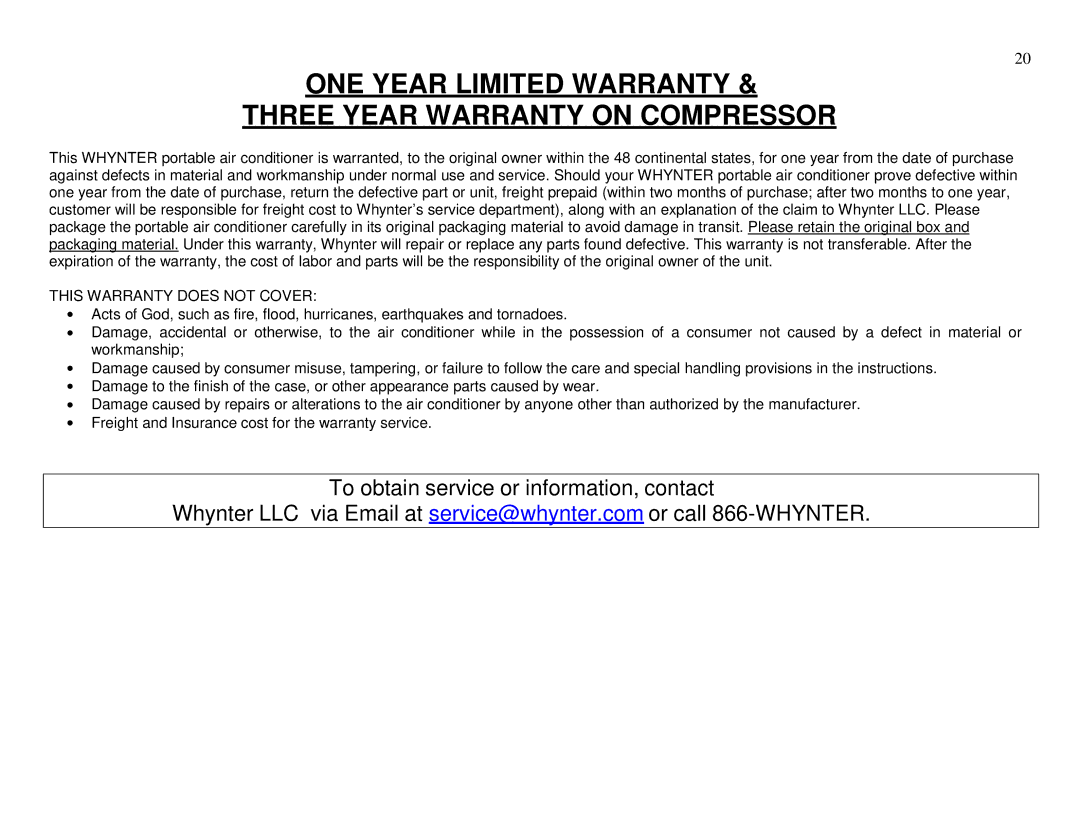 Whynter ARC-13PG instruction manual ONE Year Limited Warranty Three Year Warranty on Compressor 