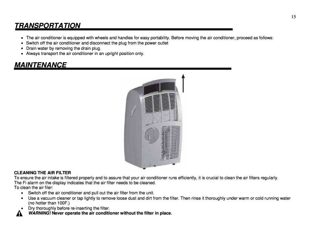 Whynter ARC-13PG instruction manual Transportation, Maintenance, Cleaning The Air Filter 