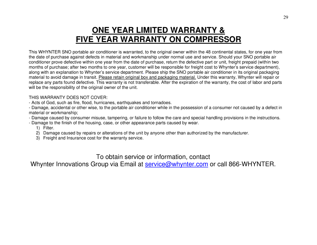 Whynter ARC-13W/S manual ONE Year Limited Warranty Five Year Warranty on Compressor 