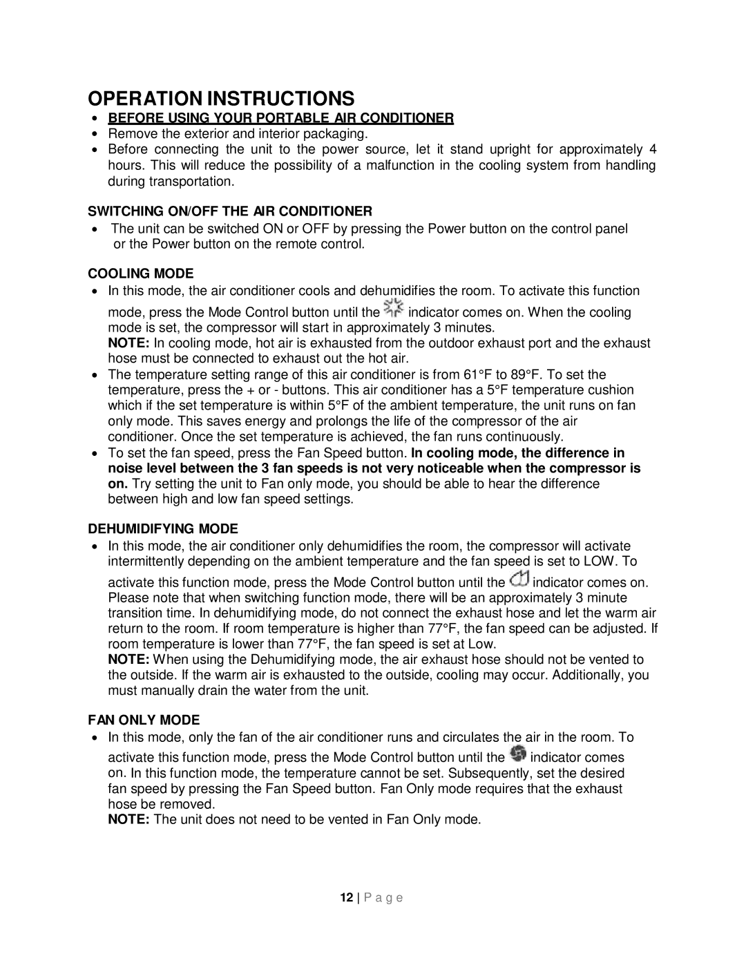 Whynter ARC-143MX instruction manual Operation Instructions, ∙ Before Using Your Portable AIR Conditioner 