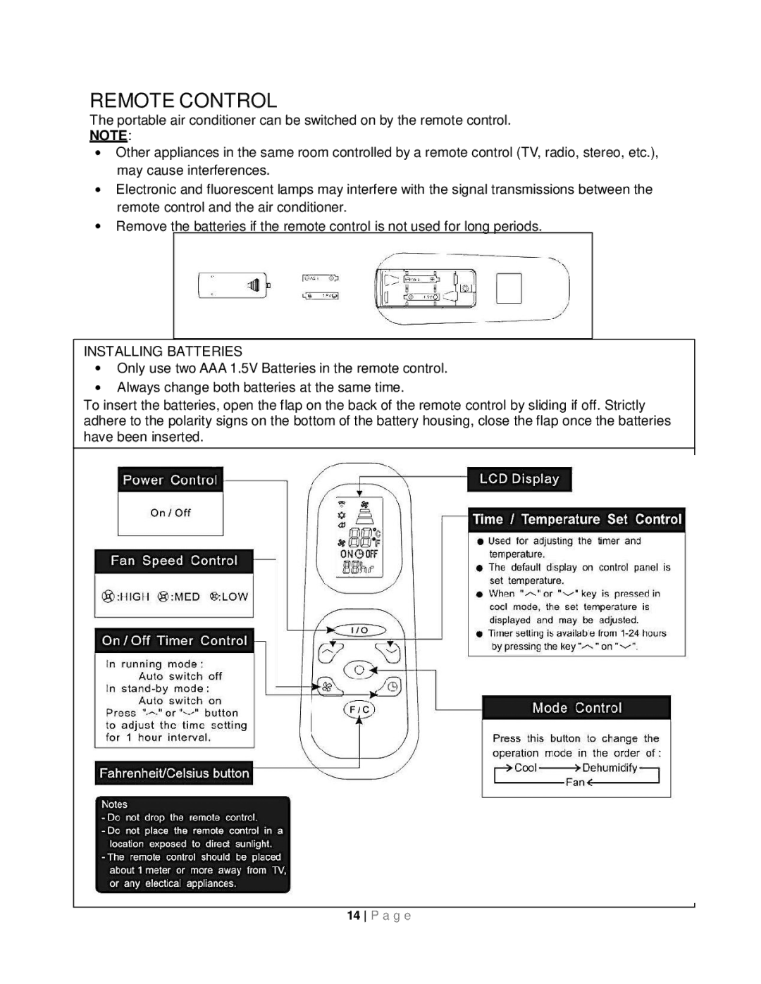 Whynter ARC-143MX instruction manual Remote Control, Installing Batteries 