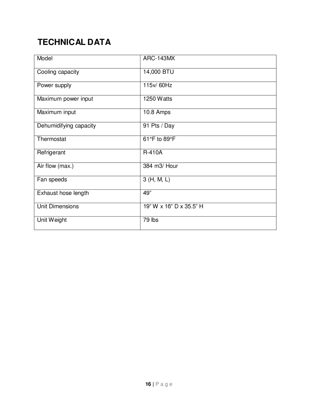 Whynter ARC-143MX instruction manual Technical Data 