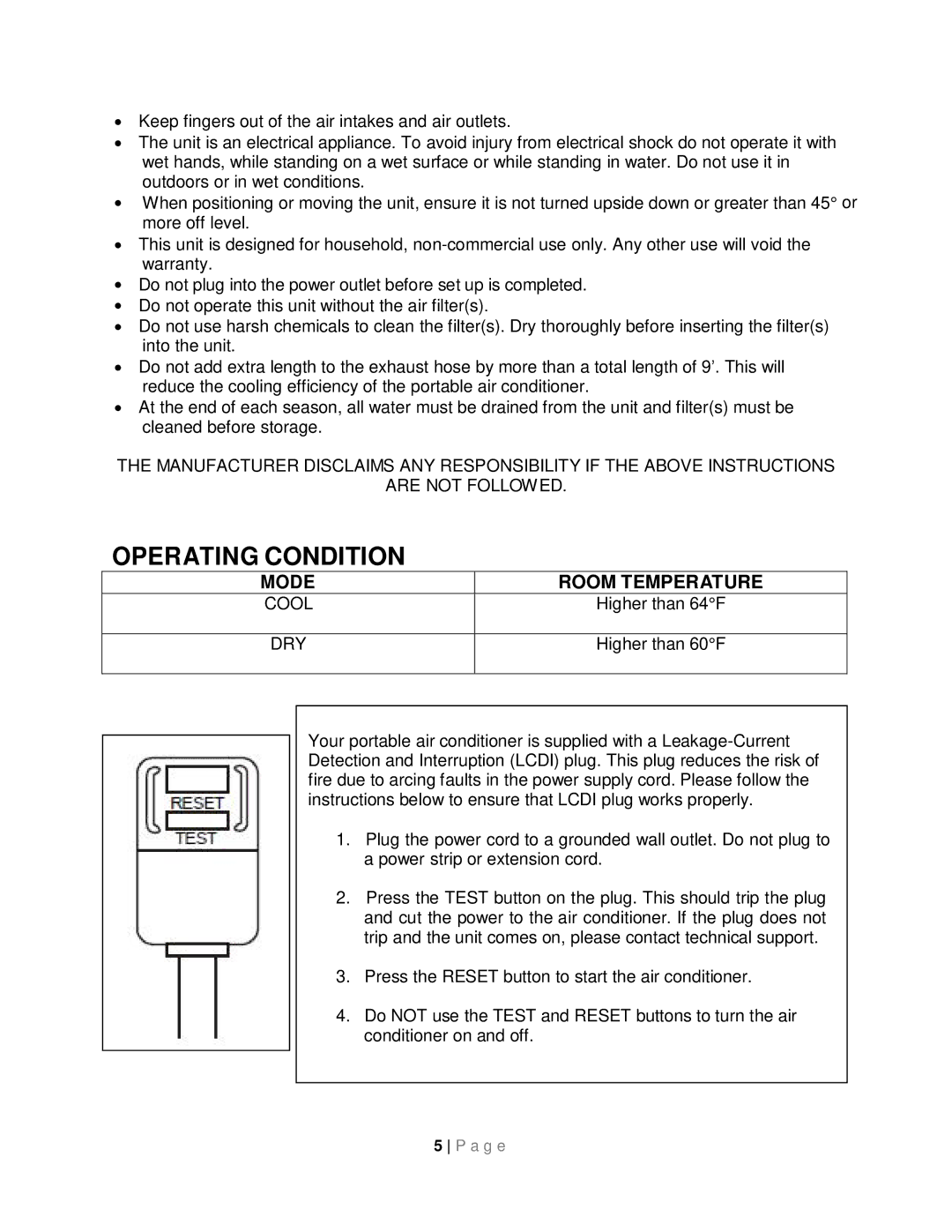 Whynter ARC-143MX instruction manual Operating Condition, Dry 