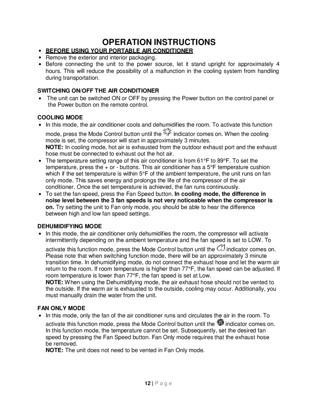 Whynter ARC-14S instruction manual Operation Instructions, ∙ Before Using Your Portable AIR Conditioner 