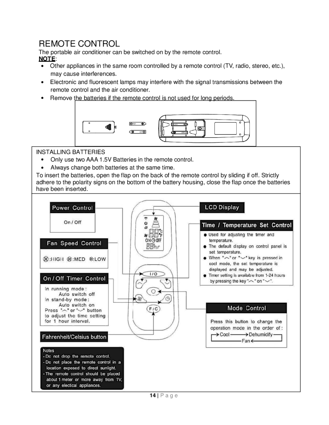 Whynter ARC-14S instruction manual Remote Control, Installing Batteries 