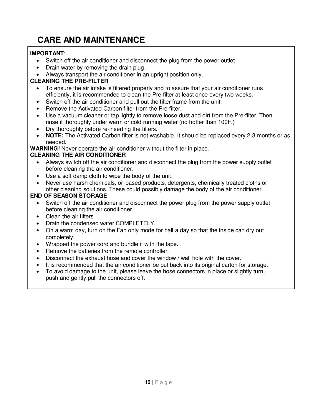 Whynter ARC-14S instruction manual Care and Maintenance, Cleaning the PRE-FILTER 