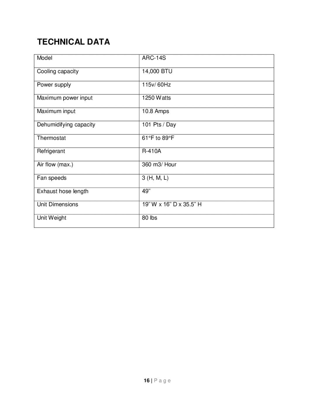 Whynter ARC-14S instruction manual Technical Data 