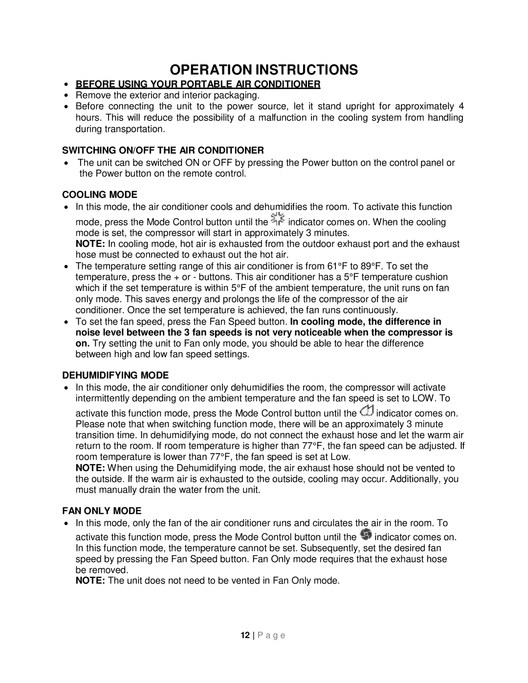 Whynter ARC-14SH instruction manual Operation Instructions, ∙ Before Using Your Portable AIR Conditioner 