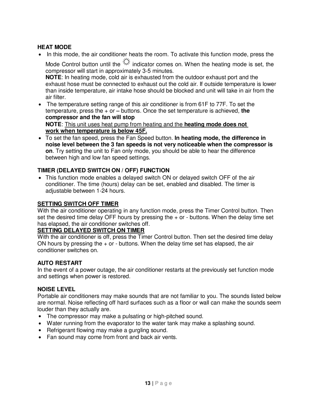 Whynter ARC-14SH instruction manual Heat Mode 