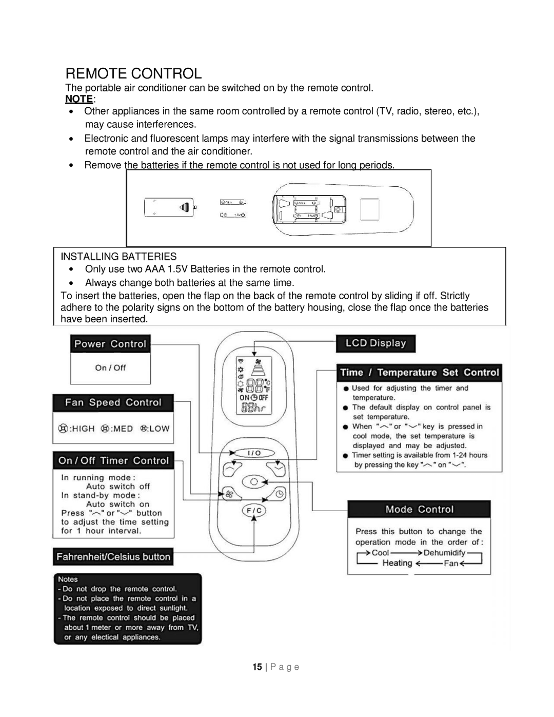 Whynter ARC-14SH instruction manual Remote Control, Installing Batteries 