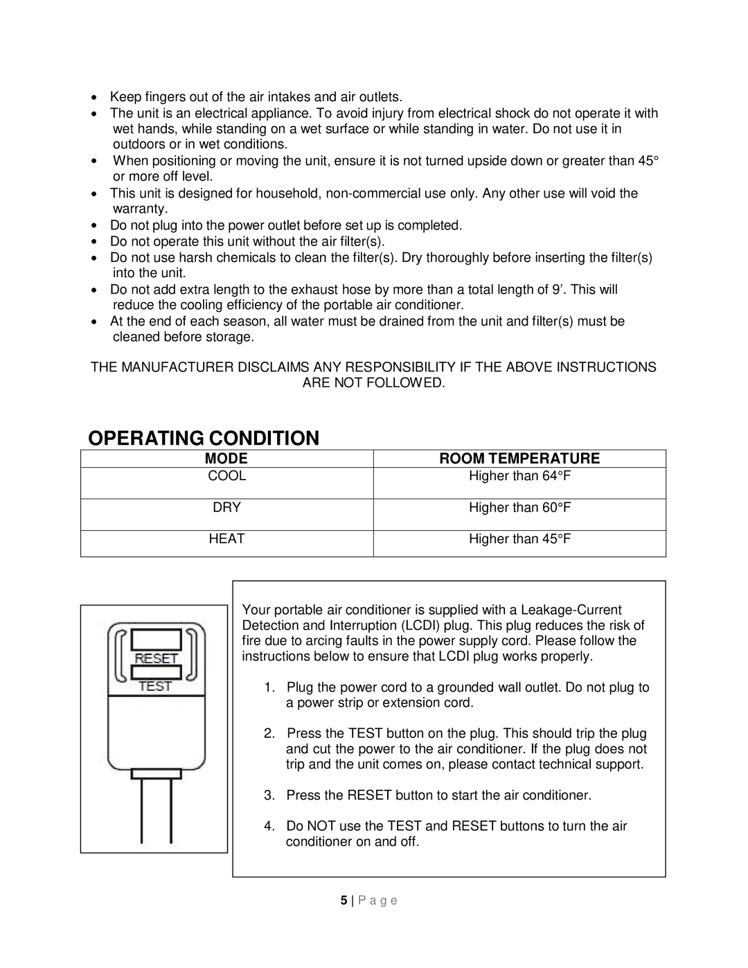 Whynter ARC-14SH instruction manual Operating Condition, Dry, Heat 