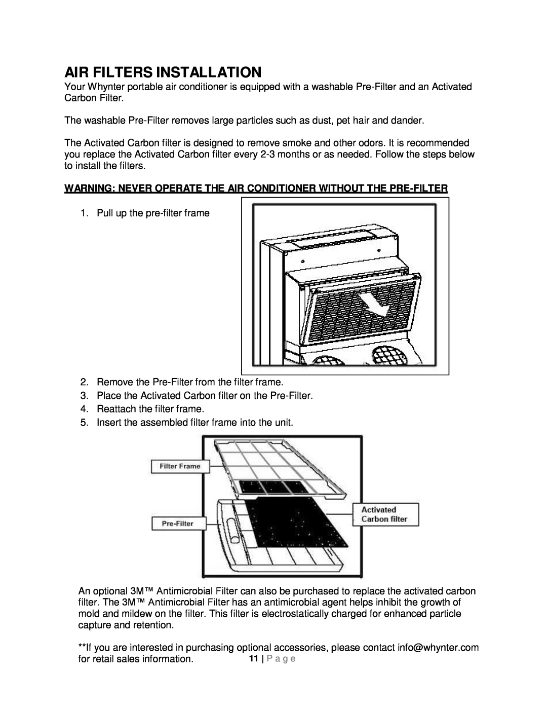 Whynter ARC-14SH instruction manual Air Filters Installation, for retail sales information 