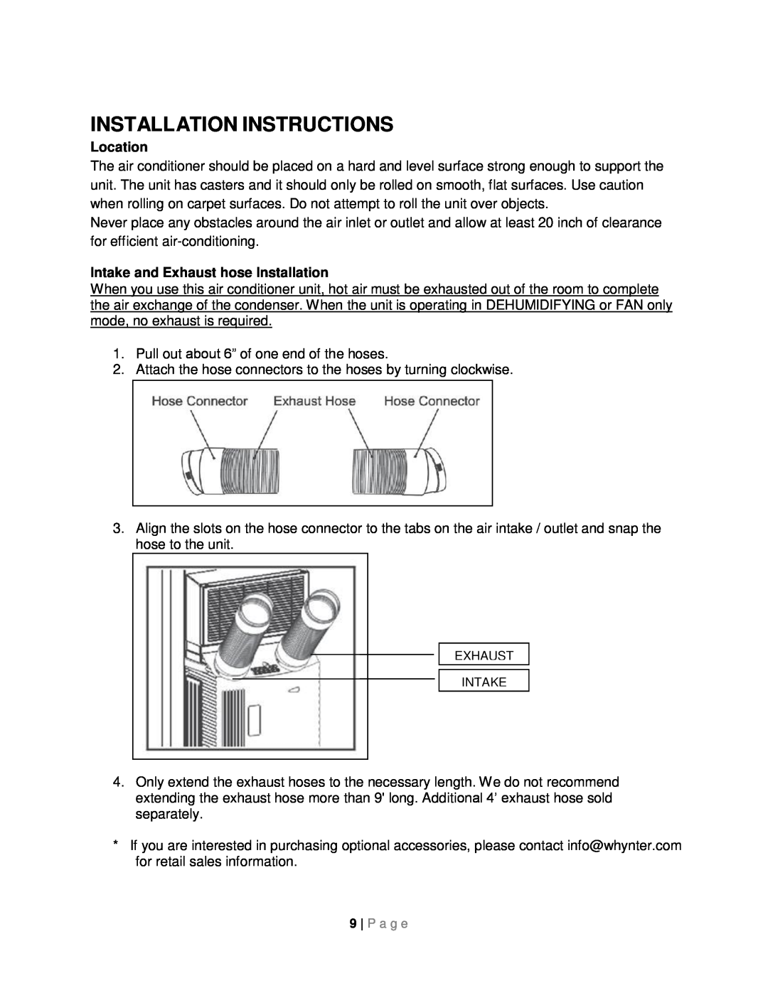 Whynter ARC-14SH instruction manual Installation Instructions, Location, Intake and Exhaust hose Installation 