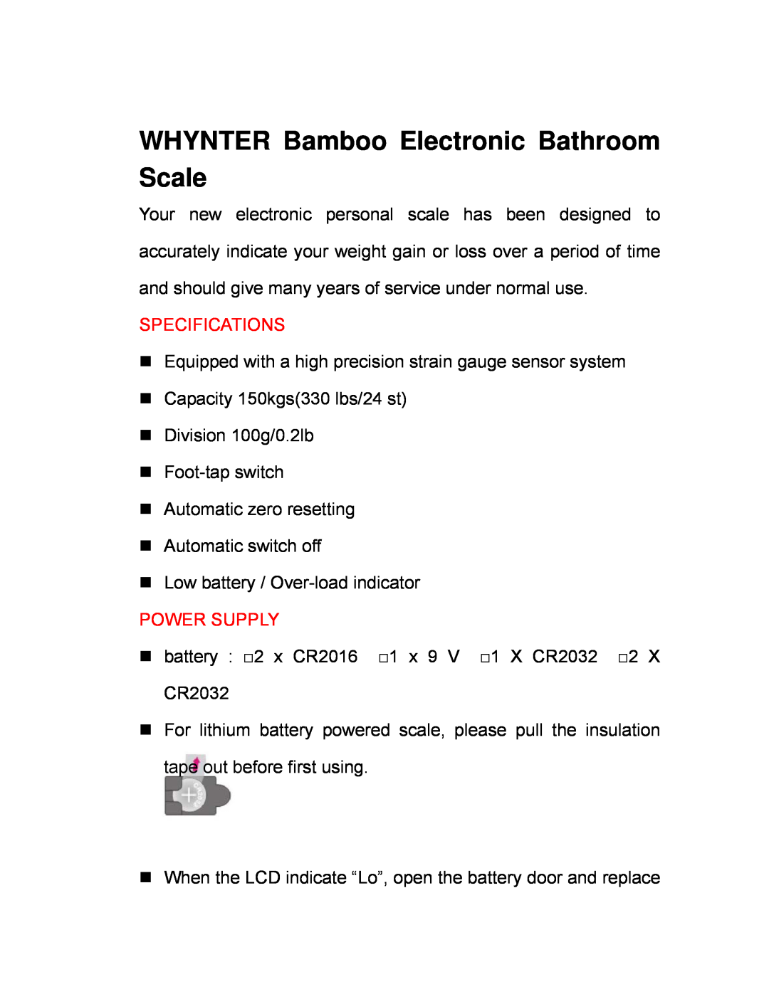 Whynter BH-2000 manual Specifications, Power Supply, WHYNTER Bamboo Electronic Bathroom Scale 