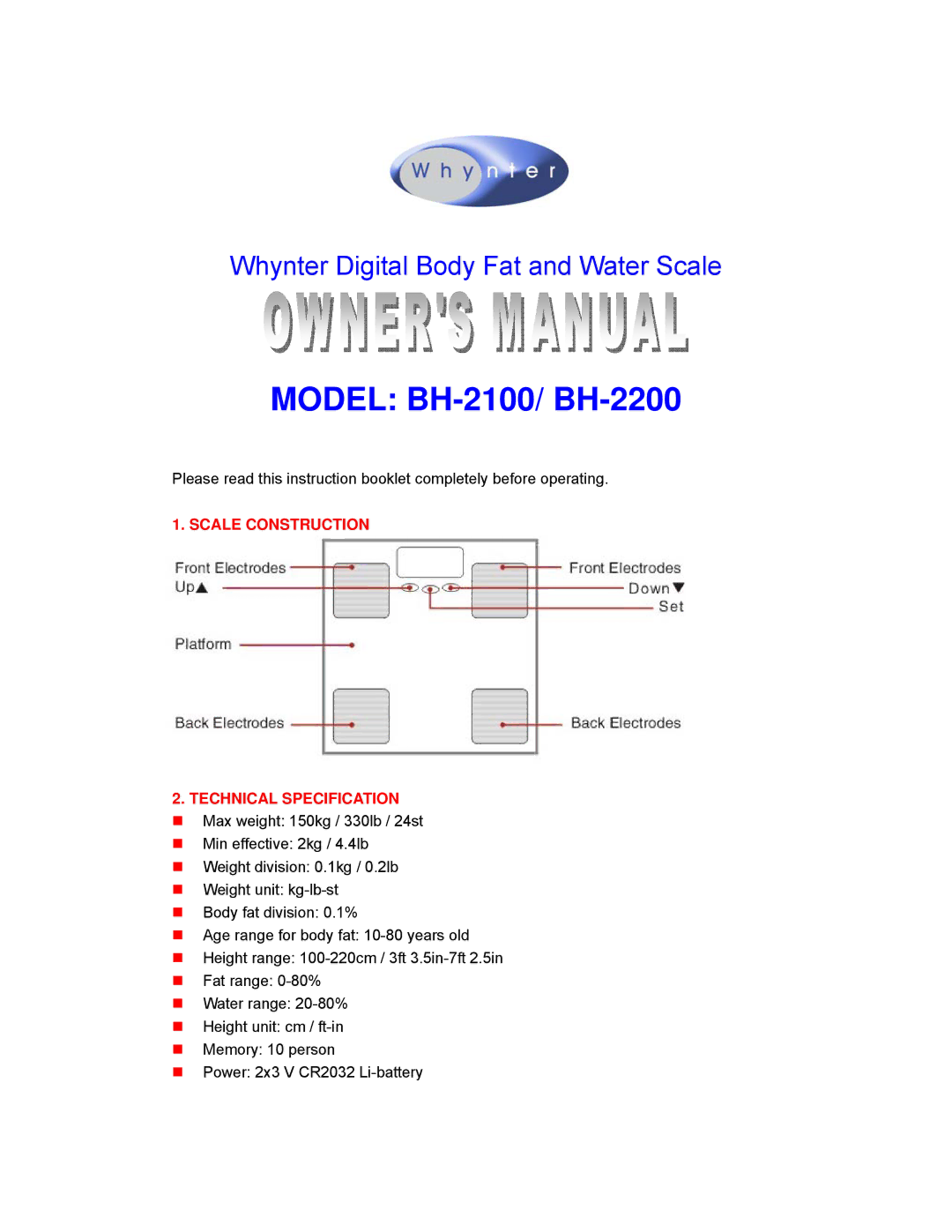 Whynter manual Model BH-2100/ BH-2200, Scale Construction Technical Specification 