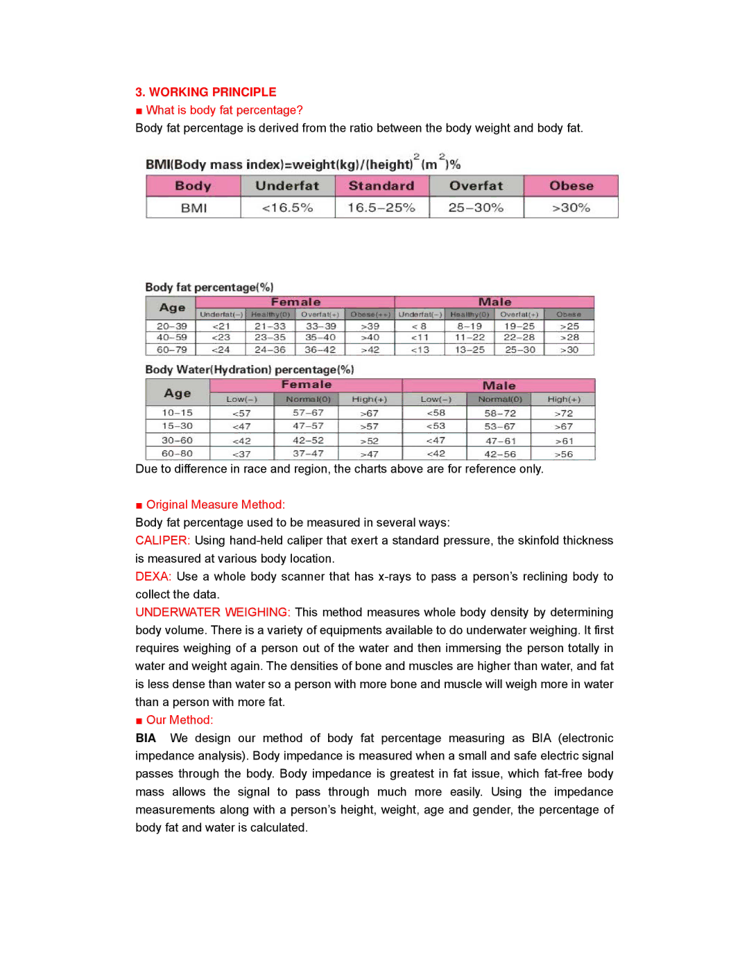 Whynter BH-2100, BH-2200 manual Working Principle, What is body fat percentage?, Original Measure Method, Our Method 