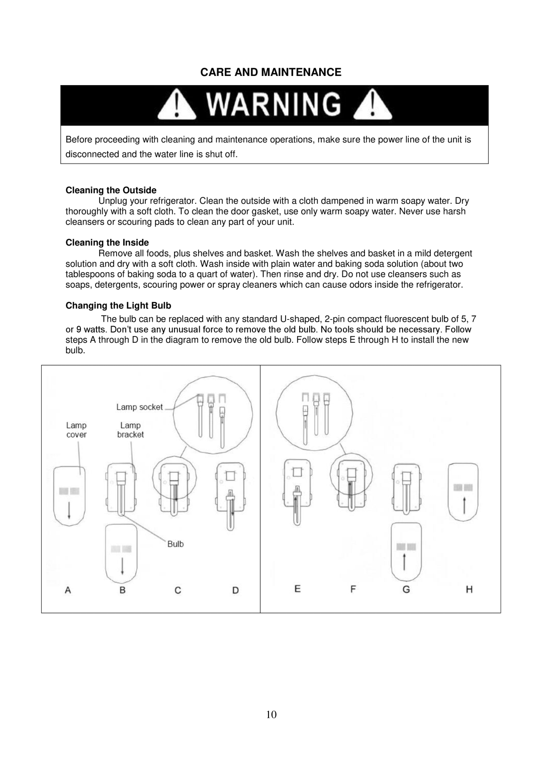 Whynter bor325fs Care and Maintenance, Cleaning the Outside, Cleaning the Inside, Changing the Light Bulb 