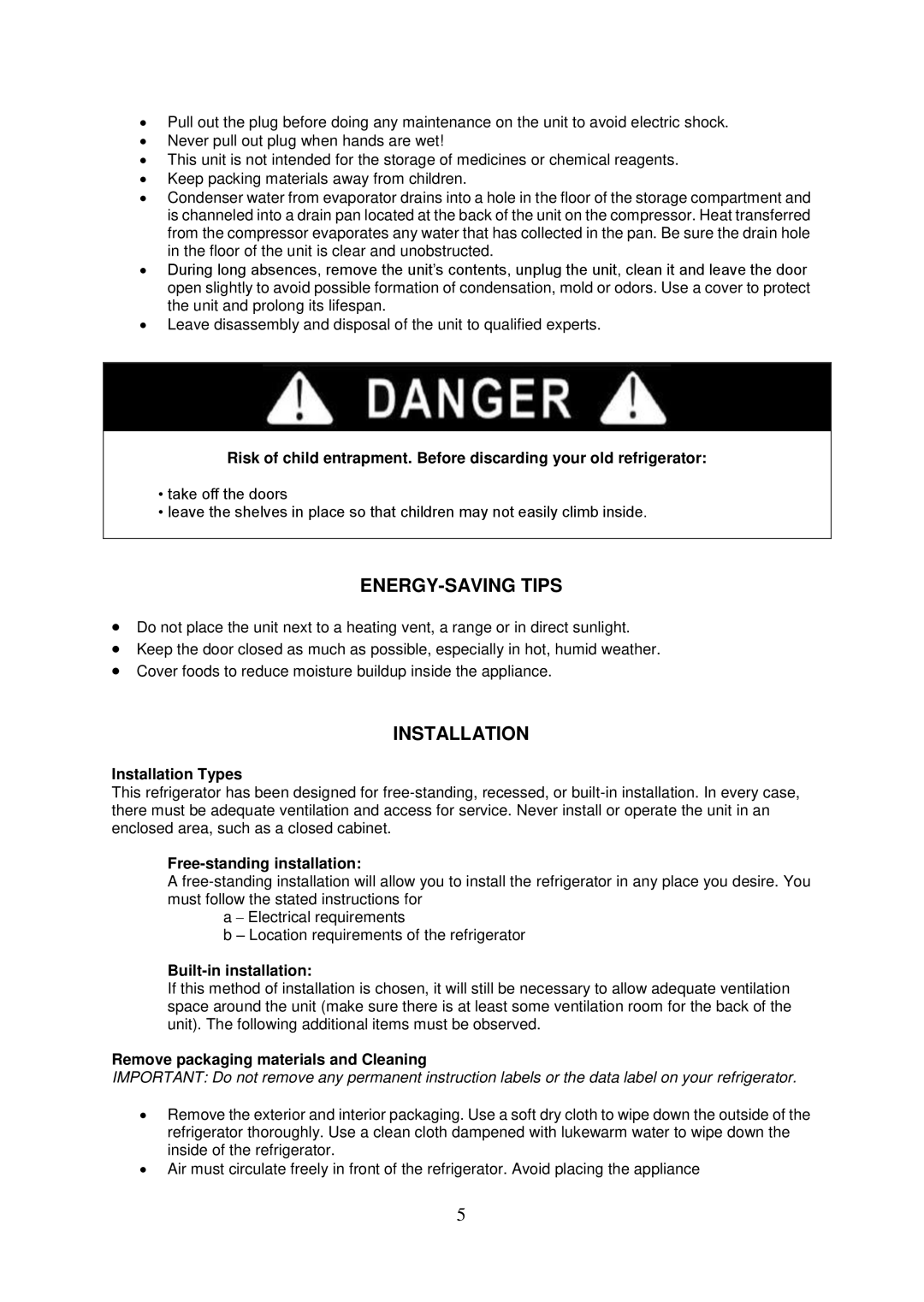 Whynter bor325fs instruction manual ENERGY-SAVING Tips, Installation 