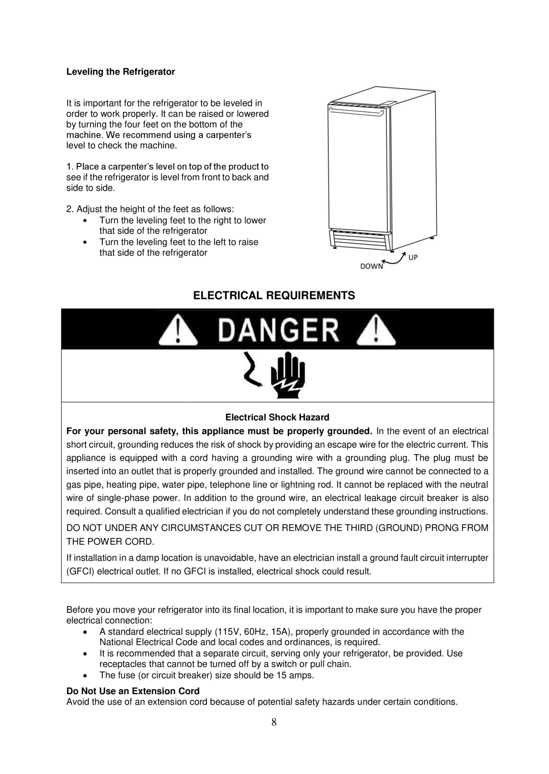 Whynter bor325fs instruction manual Electrical Requirements, Leveling the Refrigerator, Do Not Use an Extension Cord 