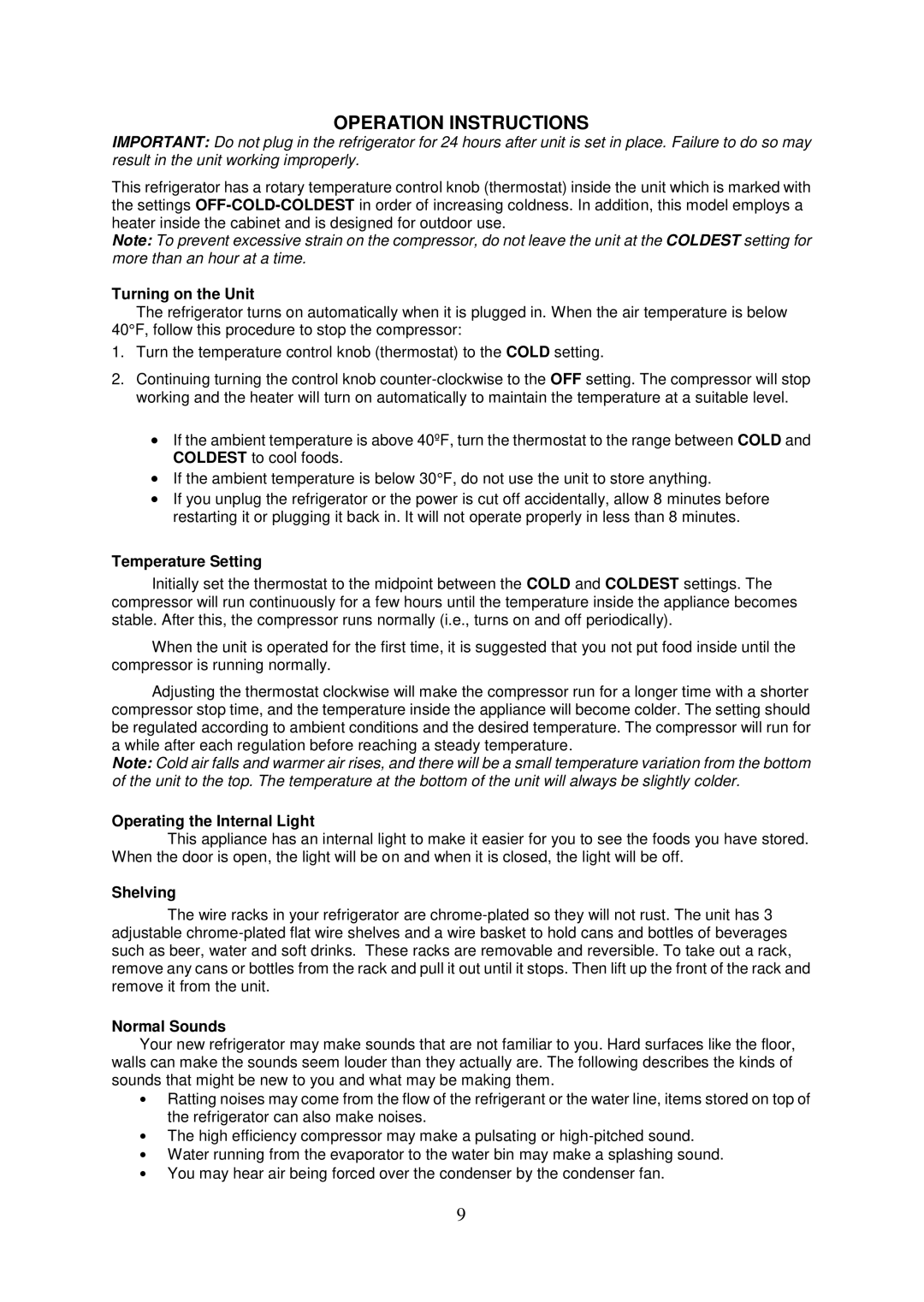 Whynter bor325fs instruction manual Operation Instructions 