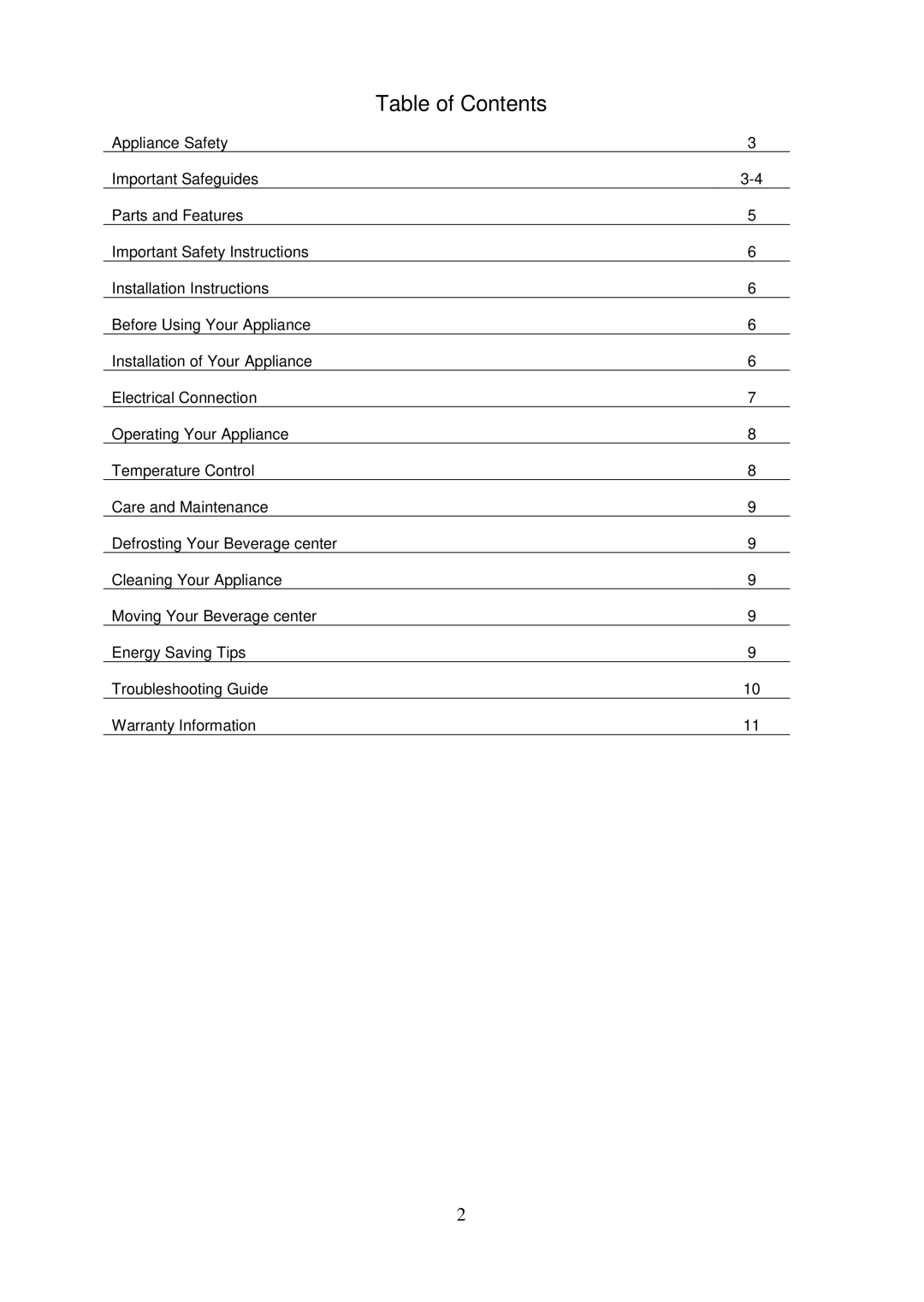 Whynter BR-125SD instruction manual Table of Contents 