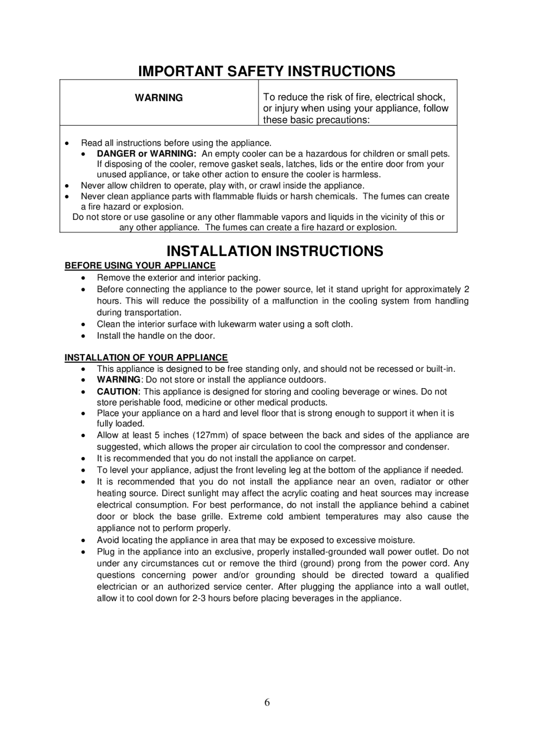 Whynter BR-125SD instruction manual Important Safety Instructions, Installation Instructions, Before Using Your Appliance 