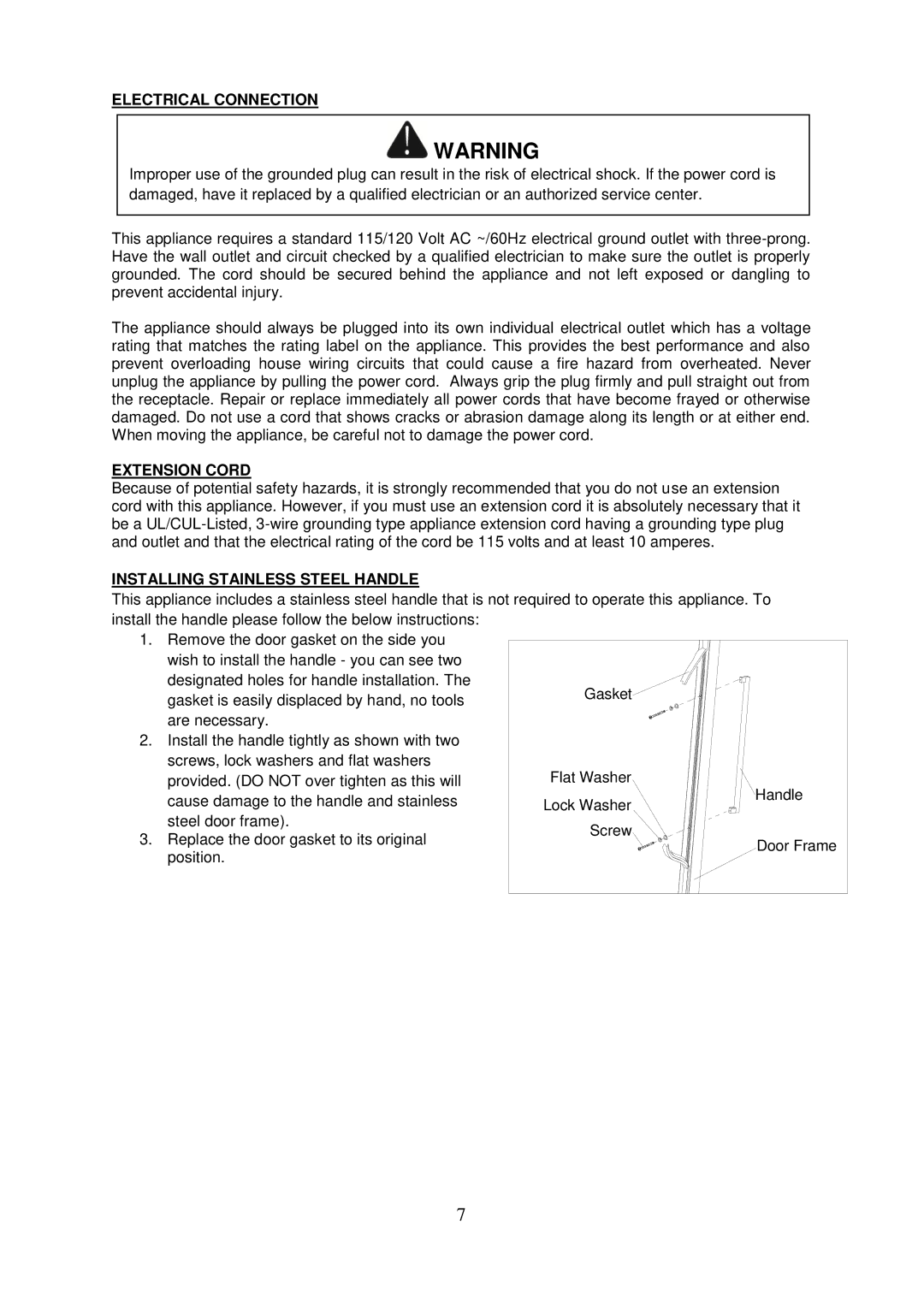 Whynter BR-125SD instruction manual Electrical Connection, Extension Cord, Installing Stainless Steel Handle 