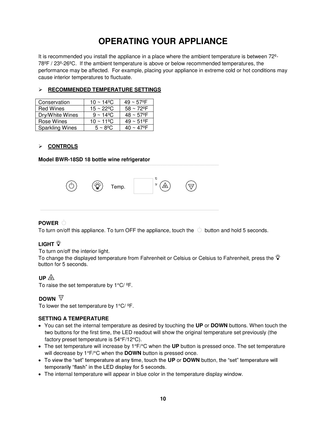 Whynter BWR-18SD, BWR-33SD instruction manual Operating Your Appliance 