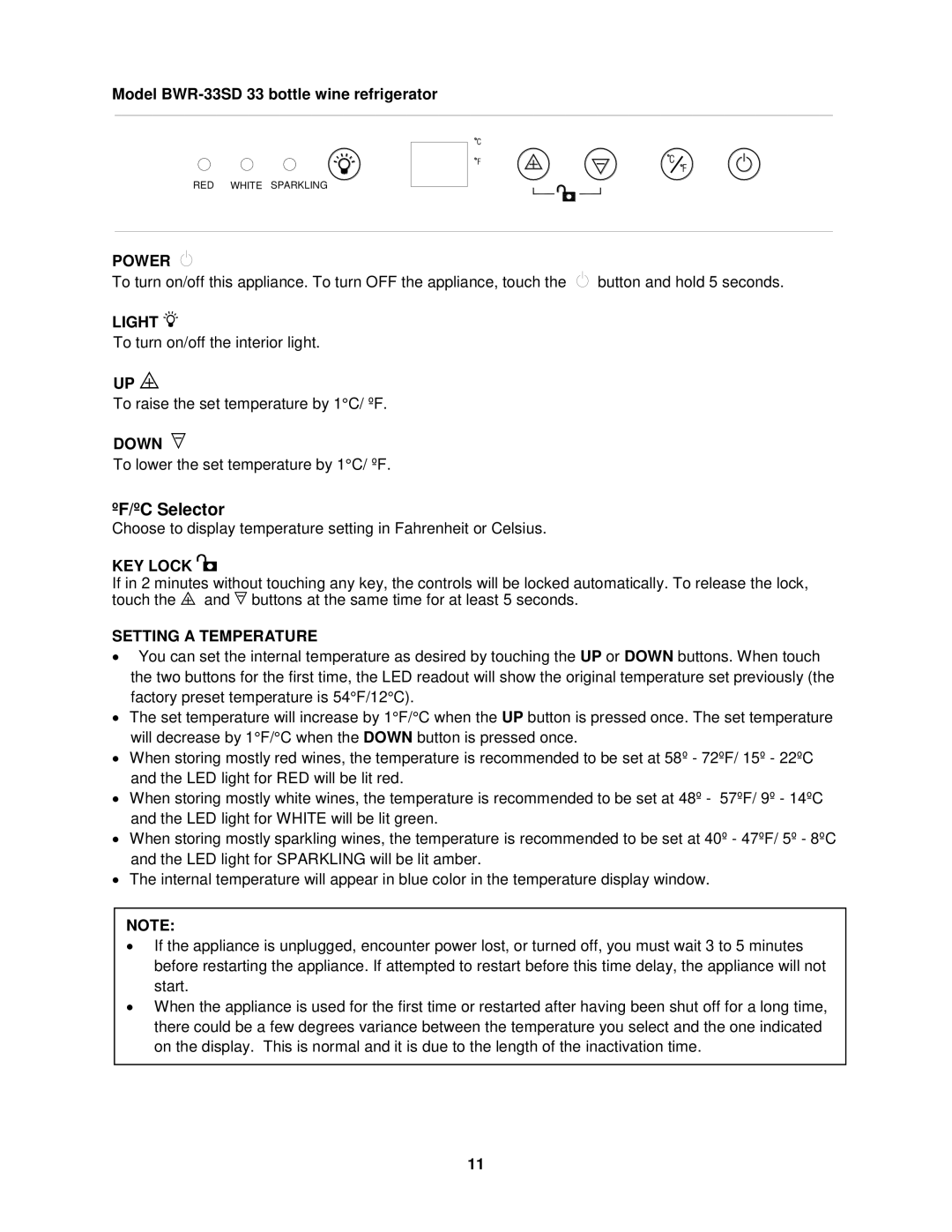 Whynter BWR-33SD, BWR-18SD instruction manual ºF/ºC Selector, KEY Lock 