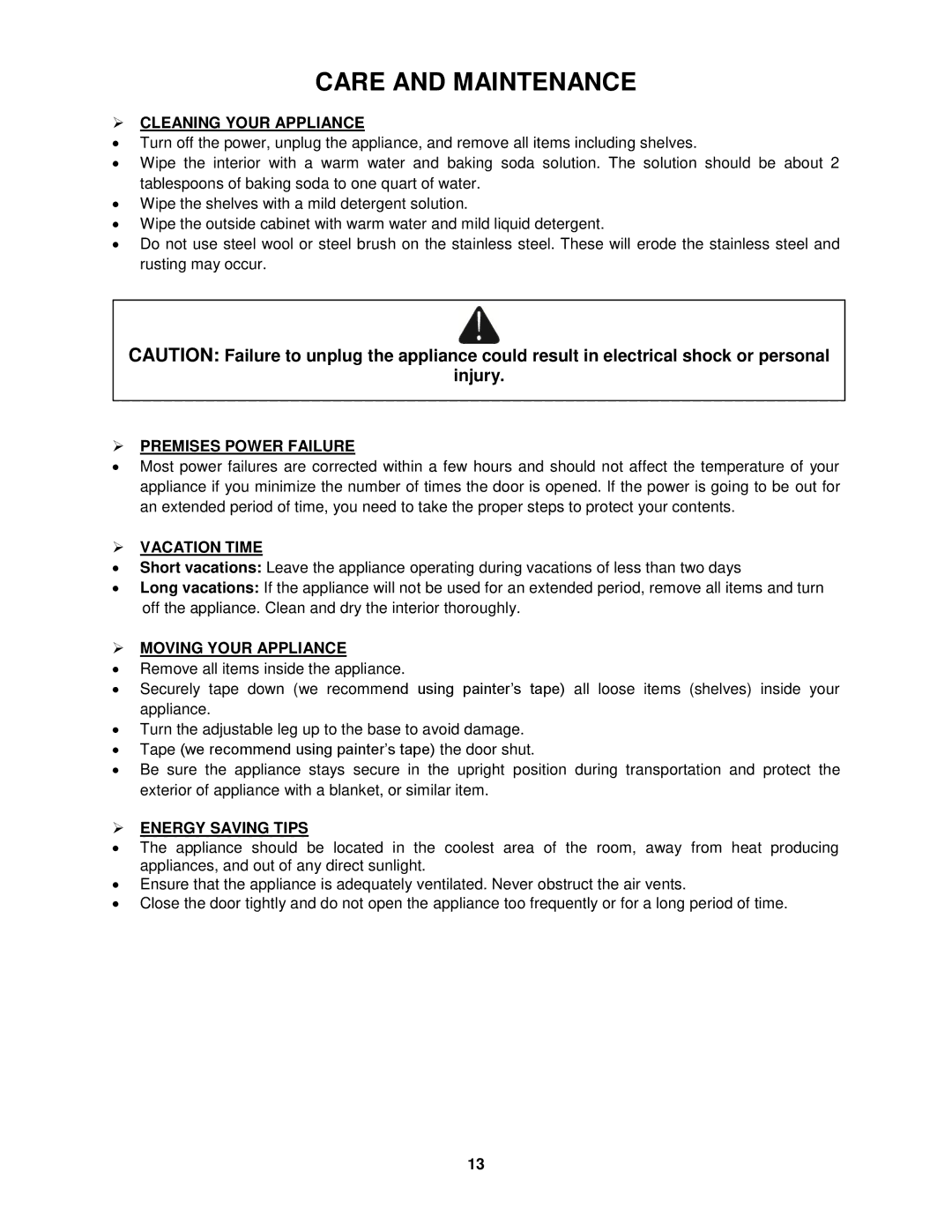 Whynter BWR-33SD, BWR-18SD instruction manual Care and Maintenance 