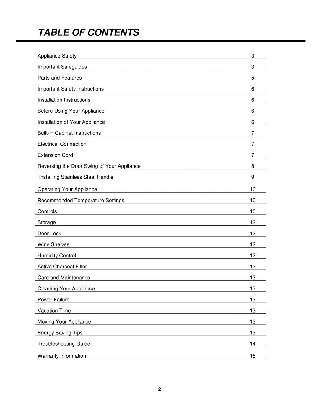 Whynter BWR-18SD, BWR-33SD instruction manual Table of Contents 