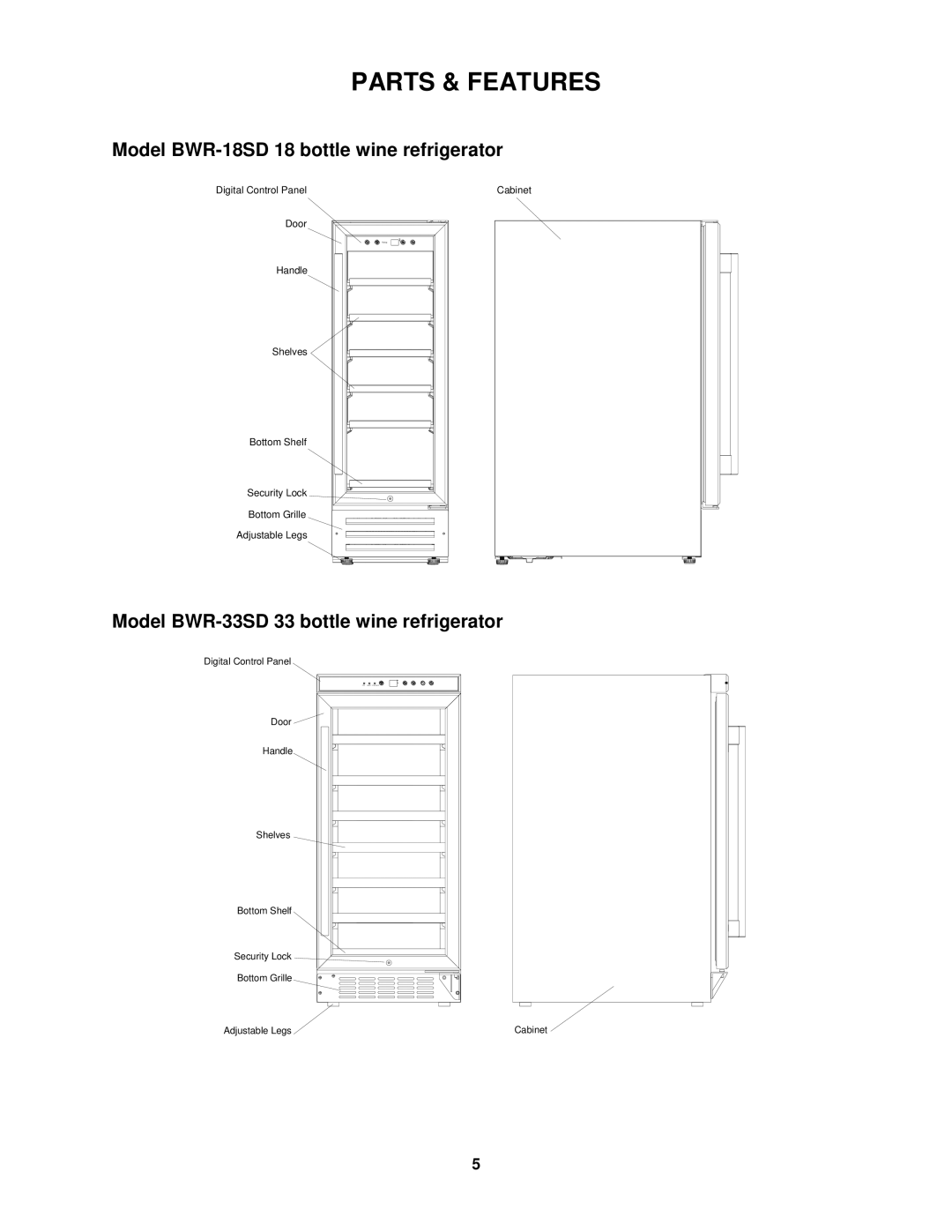 Whynter BWR-33SD instruction manual Parts & Features, Model BWR-18SD 18 bottle wine refrigerator 