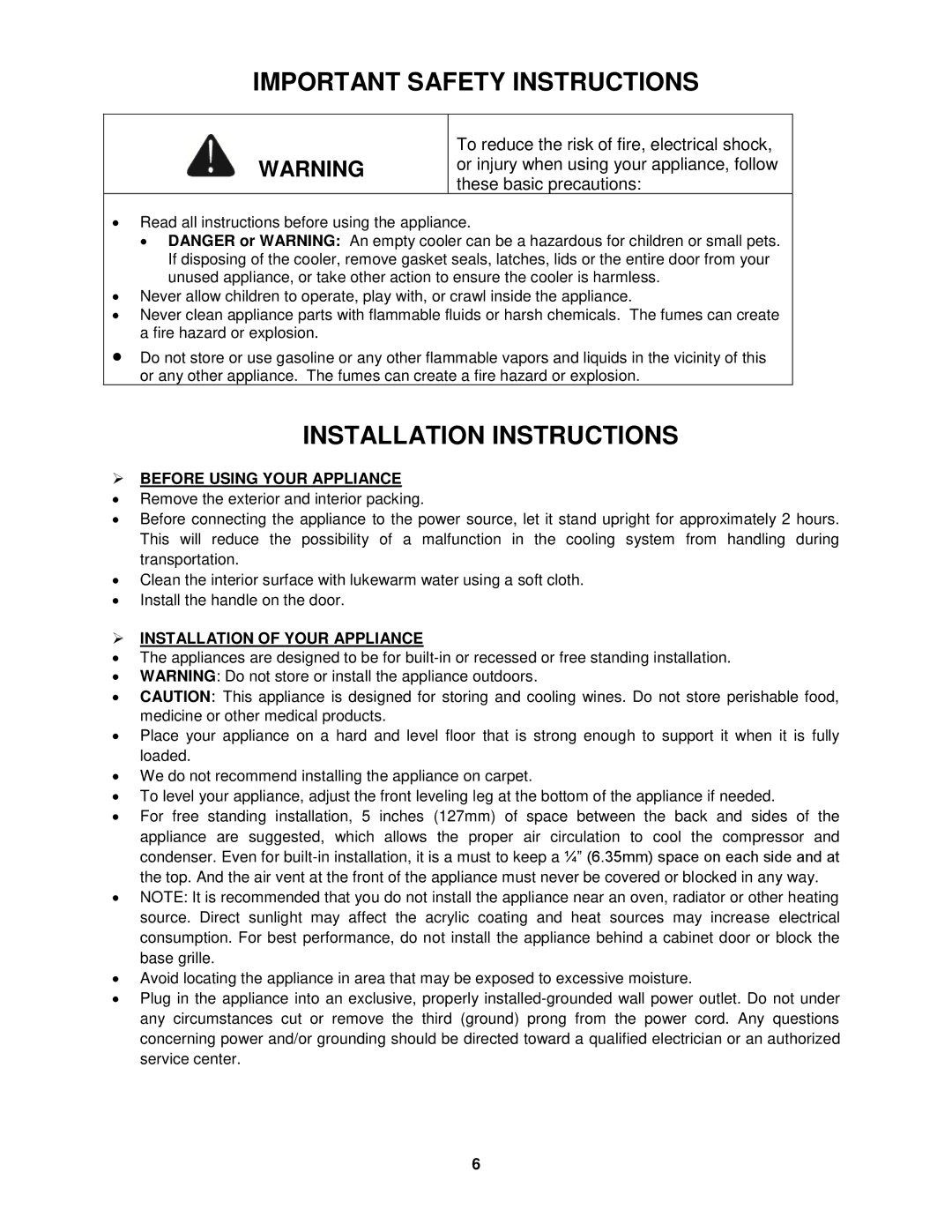 Whynter BWR-18SD, BWR-33SD Important Safety Instructions, Installation Instructions,  Before Using Your Appliance 