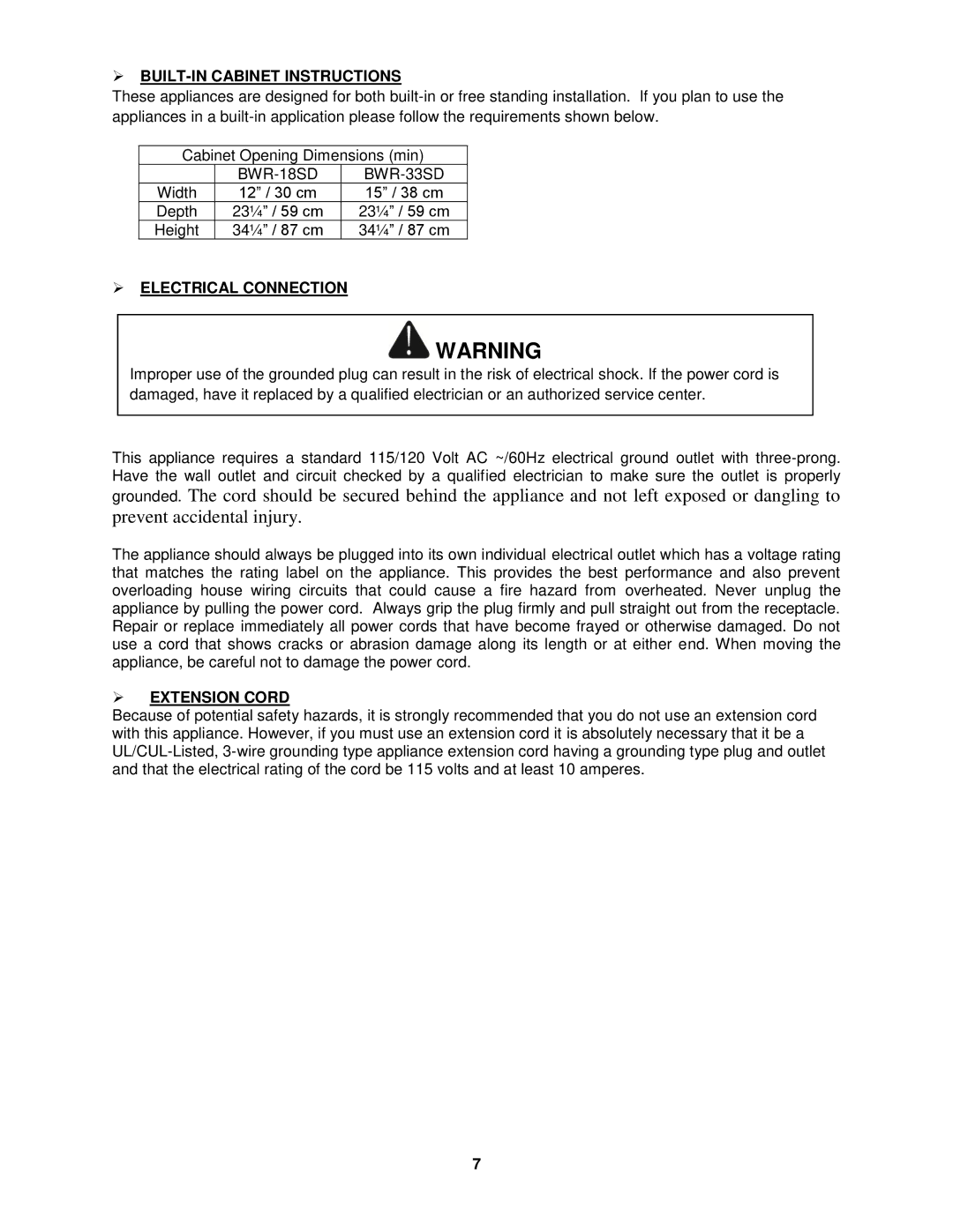 Whynter BWR-33SD, BWR-18SD instruction manual  BUILT-IN Cabinet Instructions,  Electrical Connection,  Extension Cord 