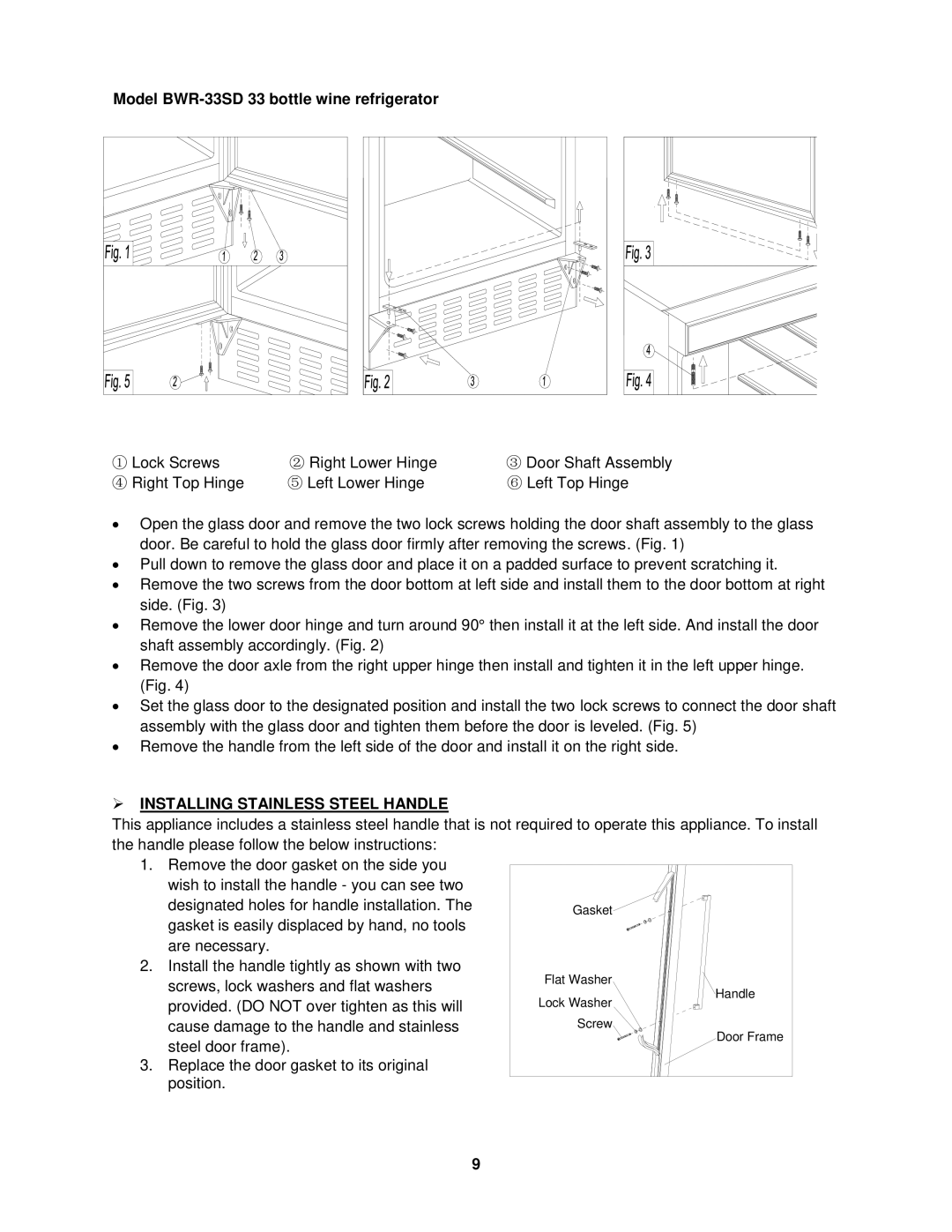 Whynter BWR-18SD instruction manual Model BWR-33SD 33 bottle wine refrigerator,  Installing Stainless Steel Handle 