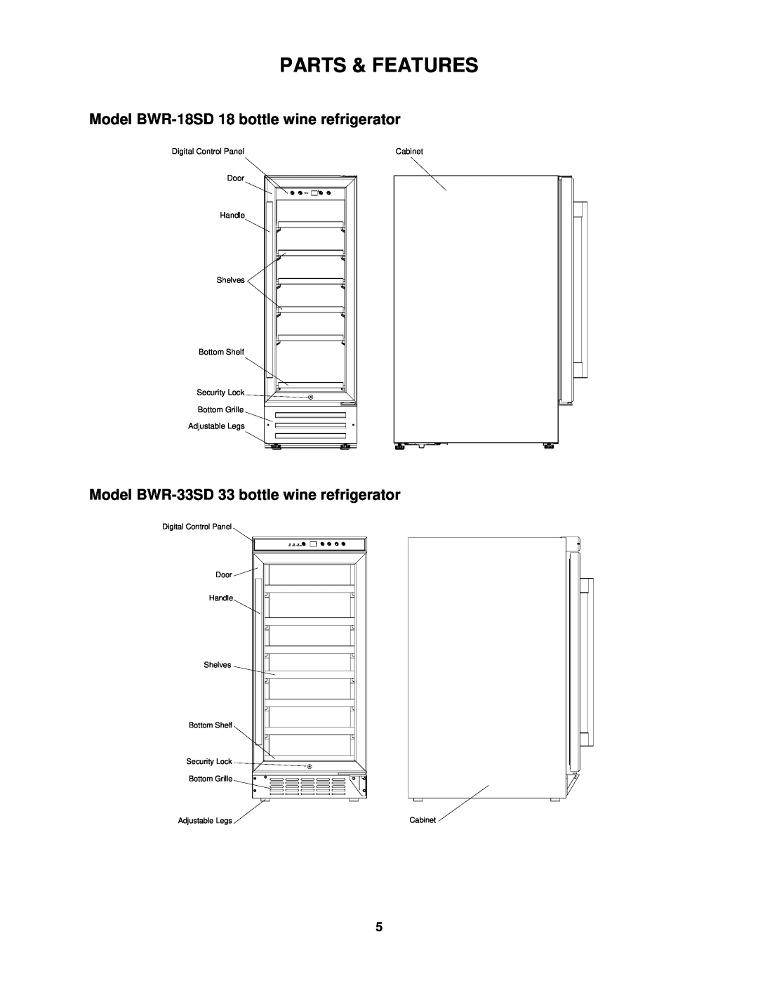 Whynter Parts & Features, Model BWR-18SD 18 bottle wine refrigerator, Model BWR-33SD 33 bottle wine refrigerator 