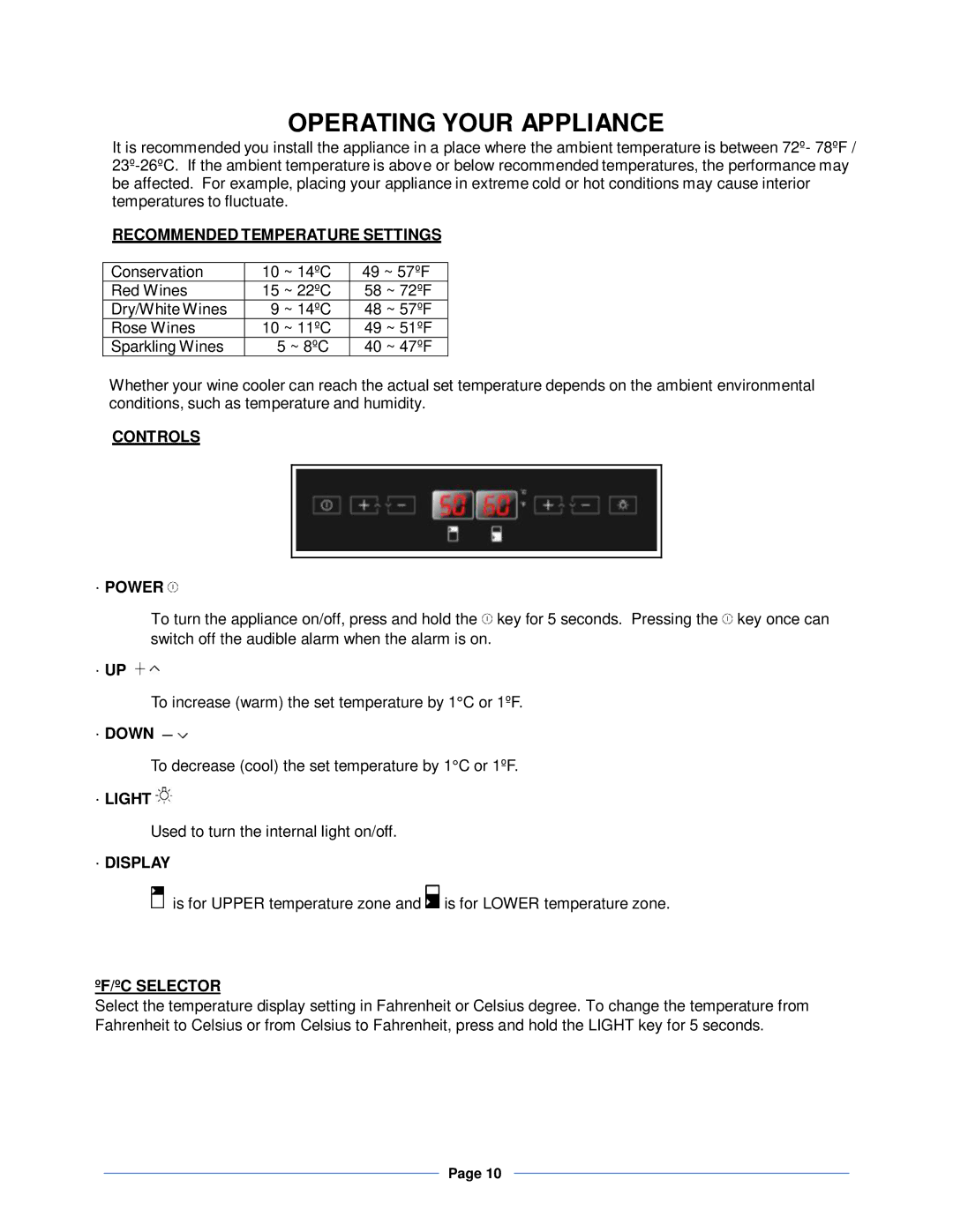 Whynter BWR-281DZ, BWR-461DZ instruction manual Operating Your Appliance 