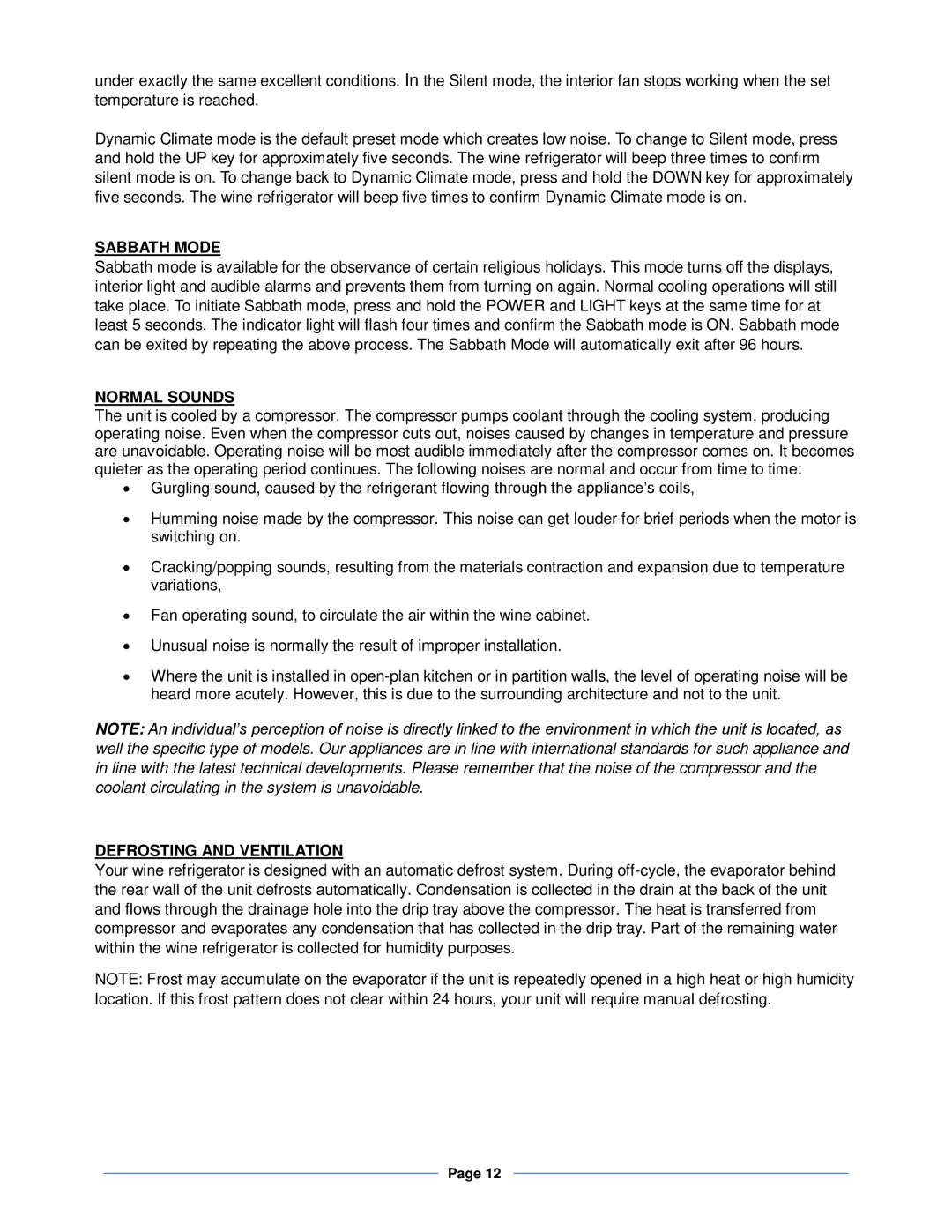 Whynter BWR-281DZ, BWR-461DZ instruction manual Sabbath Mode, Normal Sounds, Defrosting and Ventilation 