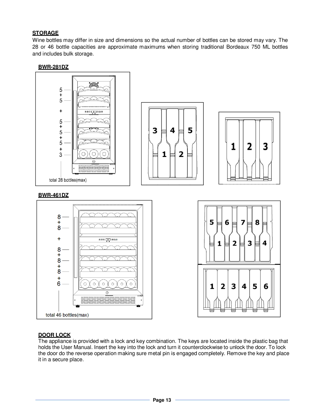 Whynter instruction manual Storage, BWR-281DZ BWR-461DZ Door Lock 