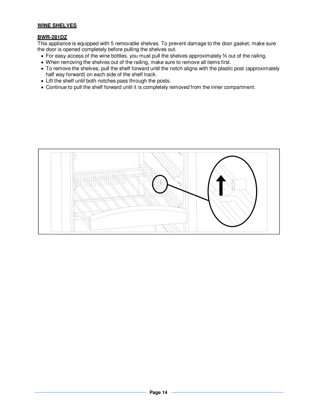 Whynter BWR-461DZ instruction manual Wine Shelves BWR-281DZ 